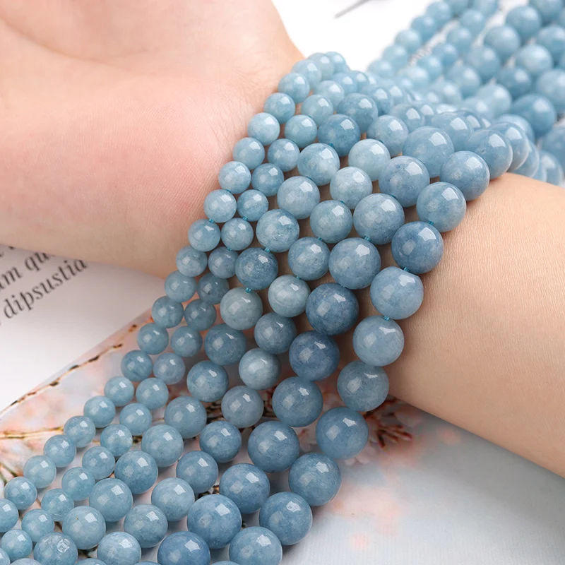 LS Natural Blue Aquamarin Stone Round Spacer Loose Beads For Jewelry Making Bracelet Necklace 15\