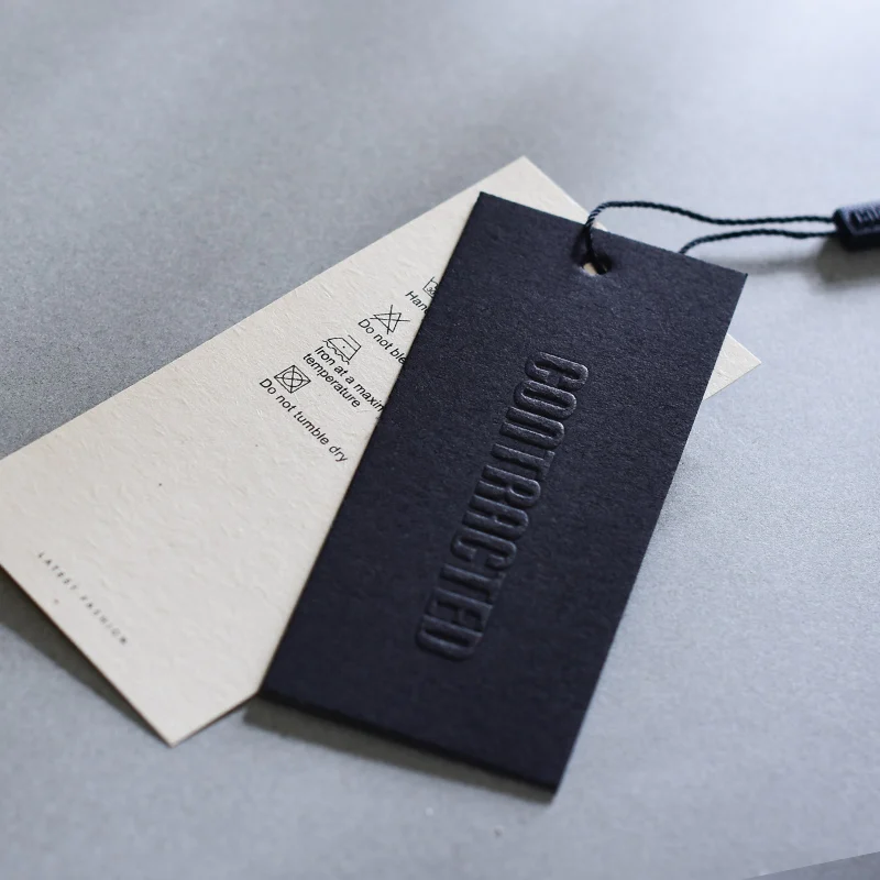 High Quality 800gsm Black Cardboard and Paper Garment Accessory Hanging Tags Brand Price Label Black String Cord Rope Stock