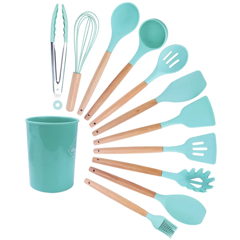 12pcs Silicone Non-stick Cooking Utensils Set Tool Kitchenware Spatula Ladle Shovel egg greak Spoon Soup Heat-Resistant holder
