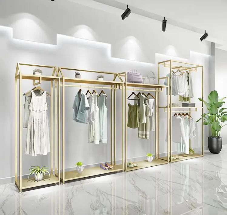 Gold clothing store display stand floor-to-ceiling double-layer clothes hanger for men and women's clothing store decoration des