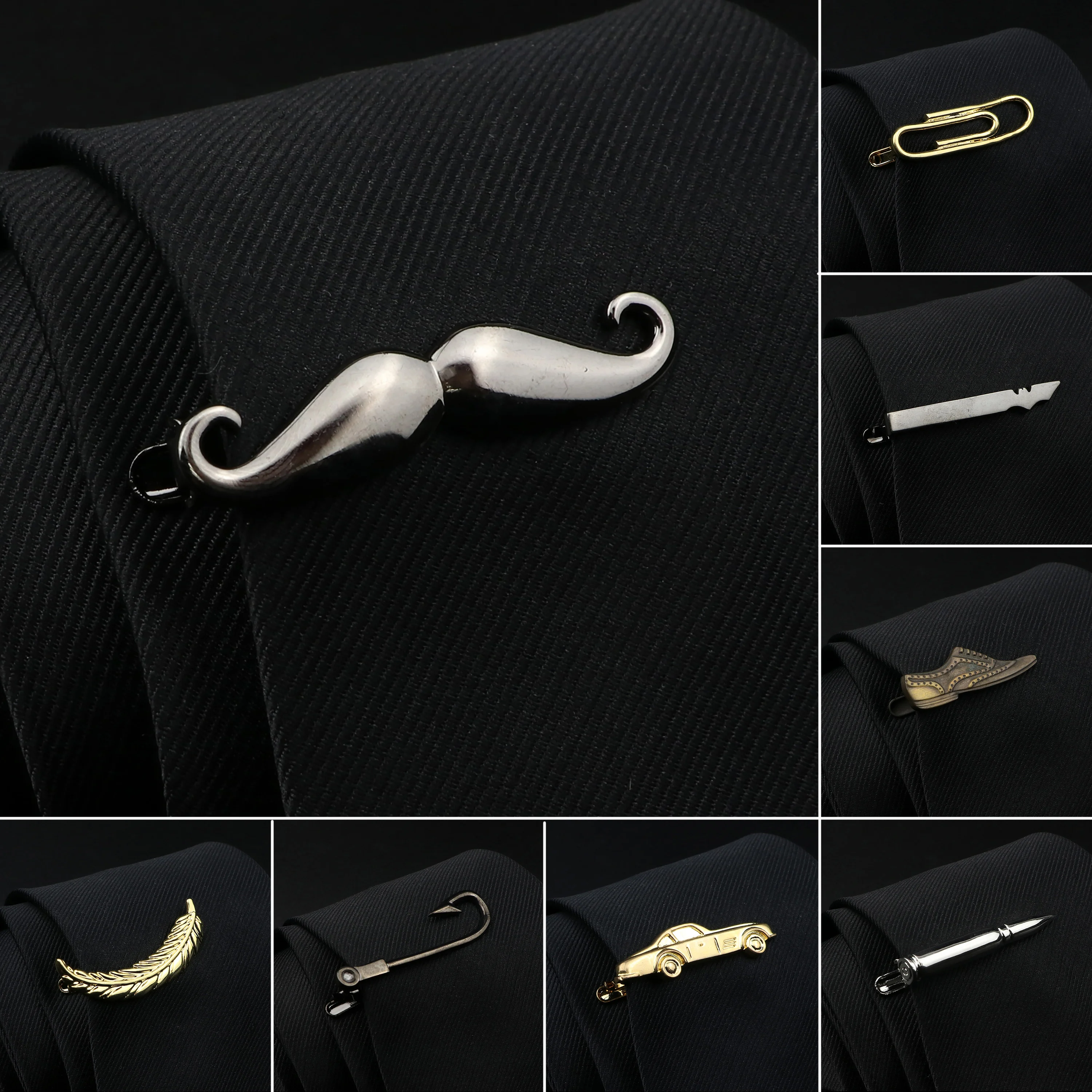 Gold Silver Color Feather Gun Pen Beard Shape Metal Tie Clip For Men Tie Bar Necktie Clips Pin Wedding Tie Men Jewelry Gift