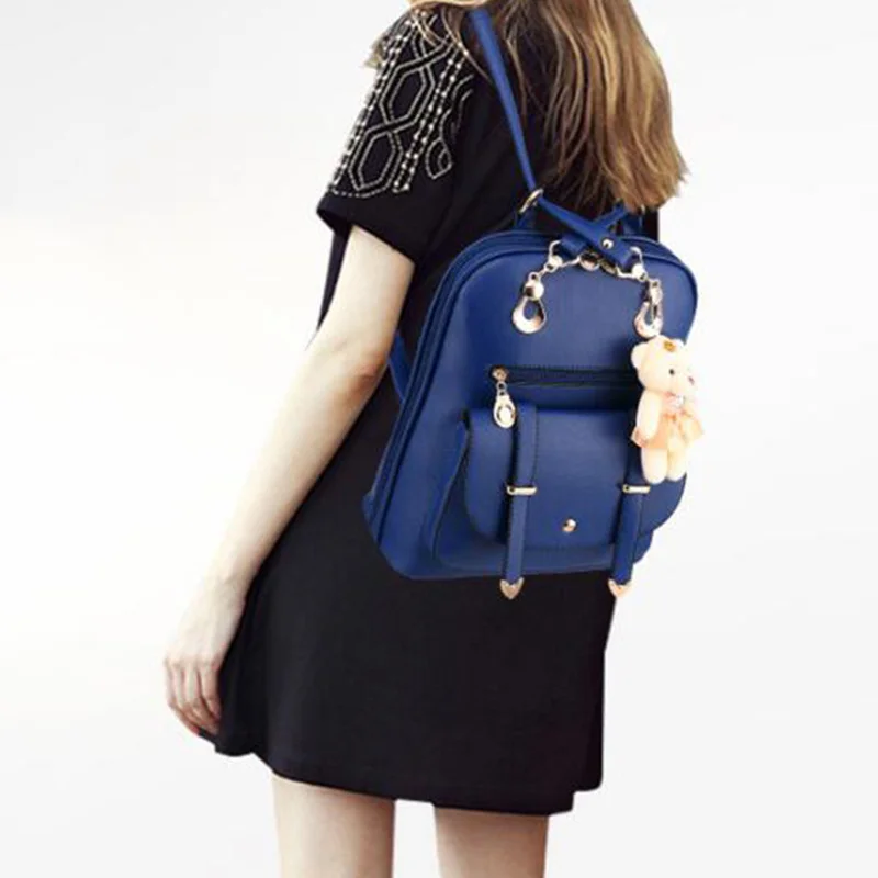 Preppy Style Women Backpack Bear Toys PU Leather Schoolbags for Teenage Girls Female Rucksack Shoulder Bag Travel Knapsack