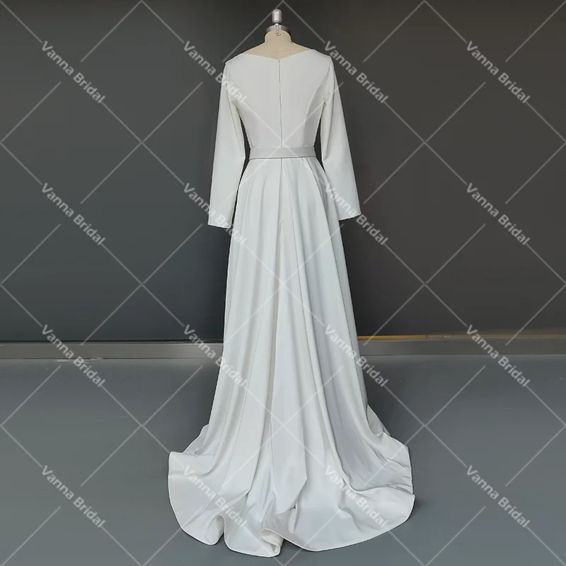 Boat Bateau Neck Luxe Satin Simple Wedding Gowns A Line Custom Made Closed Zipper Back Belted Long Fitted Sleeves Bridal Dress