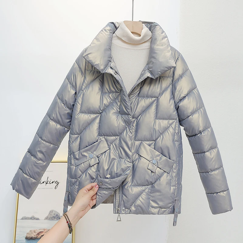 

Glossy Cropped Cotton-padded Jackets Women Clothing 2022 New Korean Loose Stand-up Collar Girls Parkas Winter Coat d835