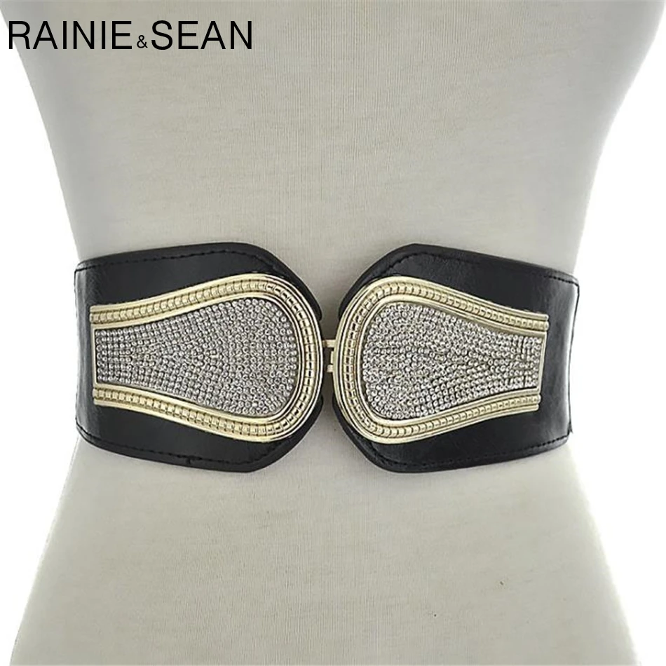 RAINIE SEAN – ceinture large en strass pour femme, Corset élastique noir à la mode pour robe de mariage