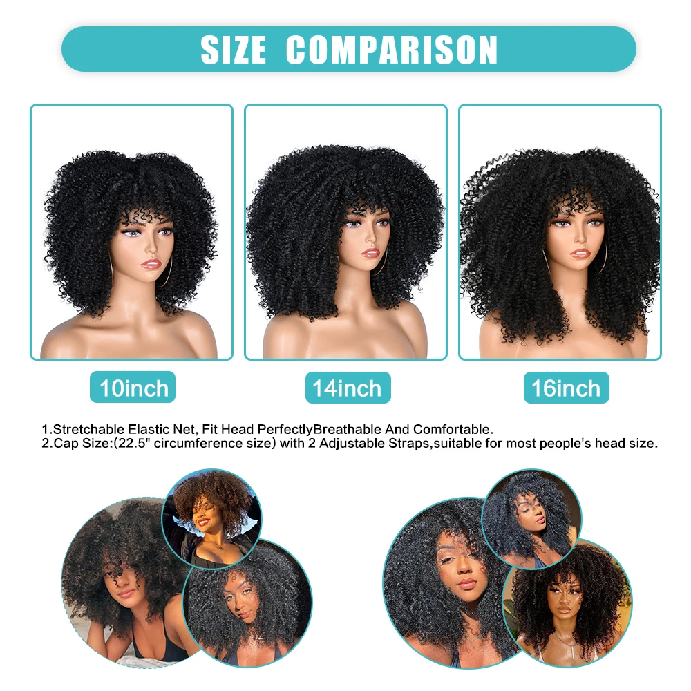 16''Short Hair Afro Kinky Curly Wig With Bangs For Black Women Cosplay Lolita Synthetic Natural Brown Mixed Blonde Wigs