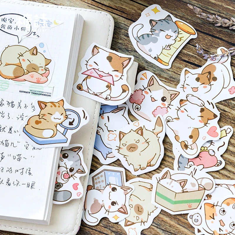 45pcs Cartoon Cat Sticker Set 40mm Mini Cute Kitties Stickers fai da te Sealing Paste decorazione adesivo Post Kids Gift Diary A6422