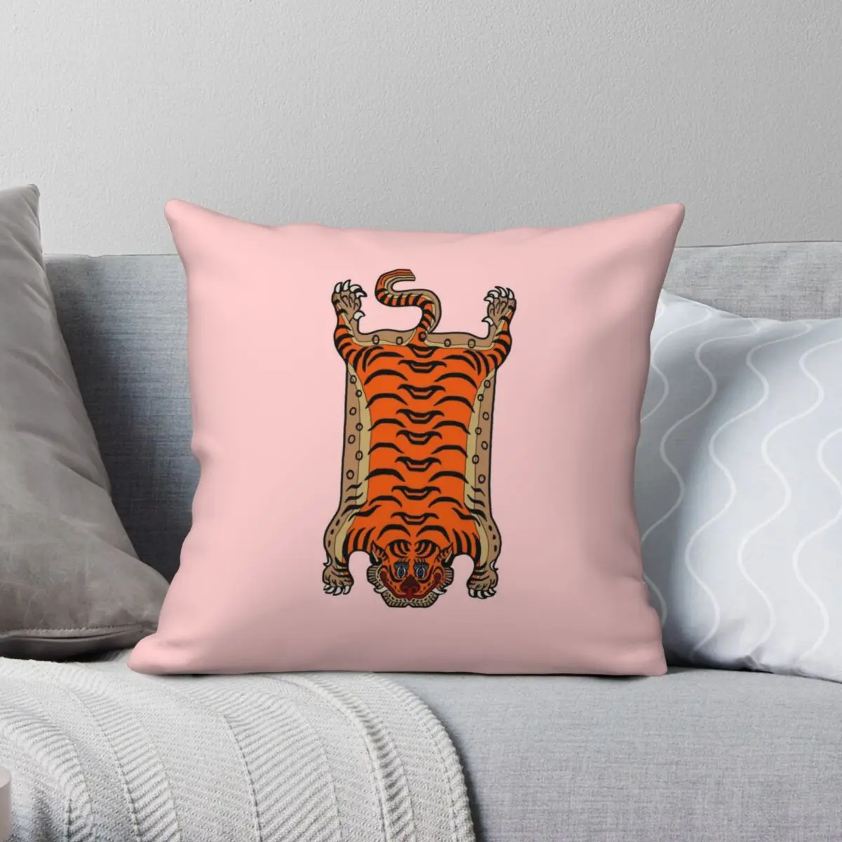 Tibetan Tiger Rug Pink Square Pillowcase Polyester Linen Velvet Printed Zip Decor Pillow Case Room Cushion Cover