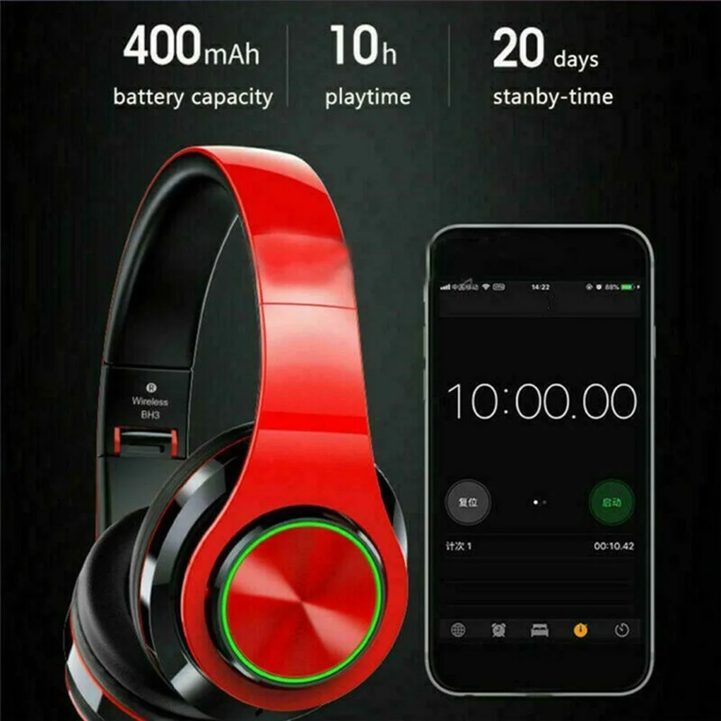 B39 LED Bluetooth V5.0 Headset Sports Headphone Subwoofer Wireless Stereo Support Card Earphone,Black Red