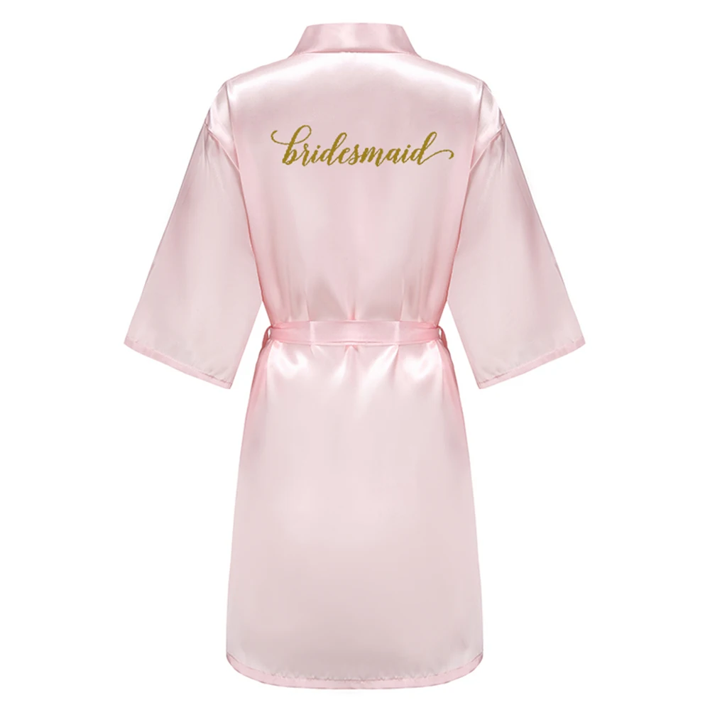 Wedding Party Bridesmaid Maid of Honor Robe With Gold Writing Letter Women Lady Pink Satin Bathrobe Kimono S-4XL