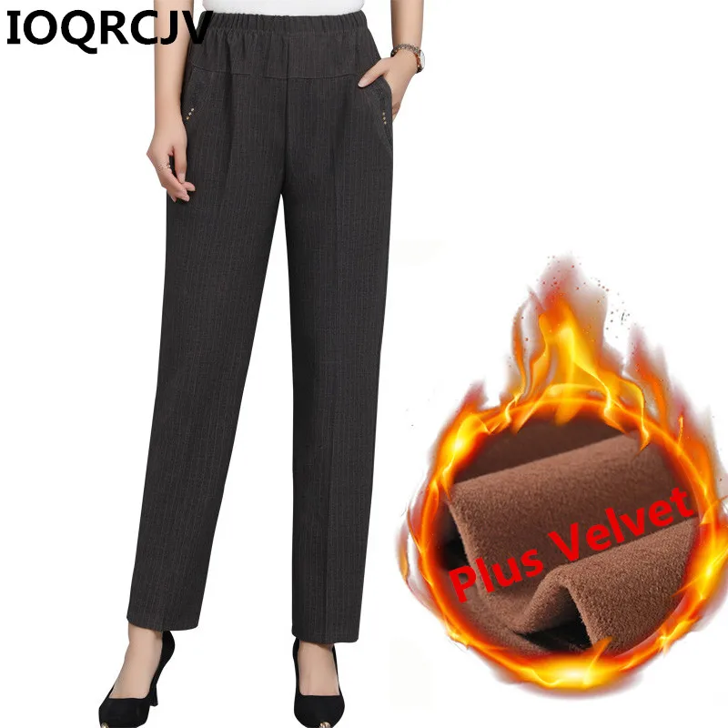Women Winter Warm Velvet Thick Trousers With High Waist Elastic Middle aged Mother Stretch Straight Pants 5XL P183