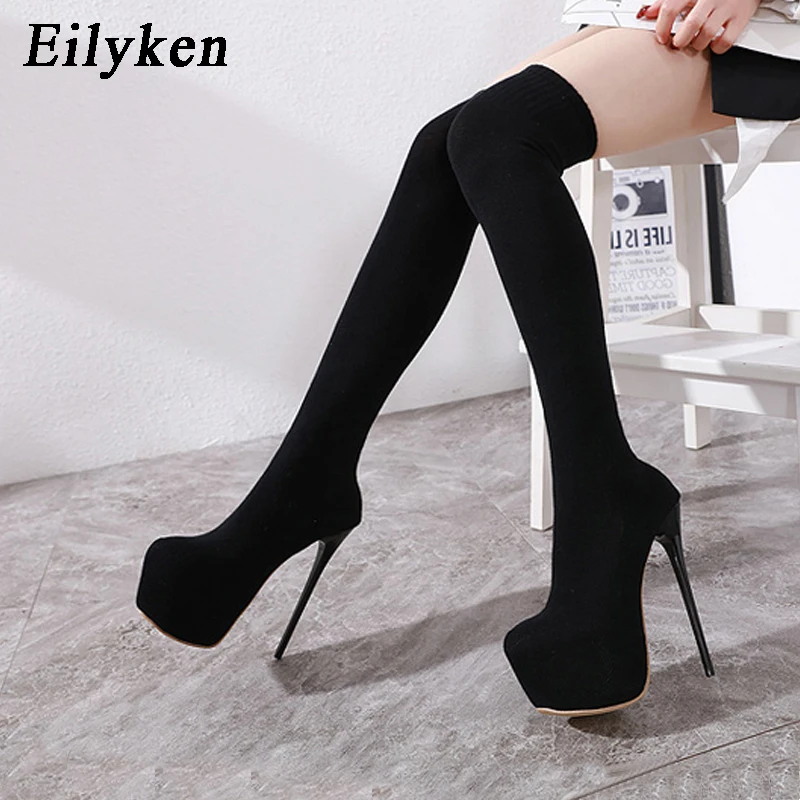 Eilyken 17CM Platform Heels Woman Over Knee Winter Boot Womens Black Knitting Round Toe Thigh High Long Socks Lady Shoes
