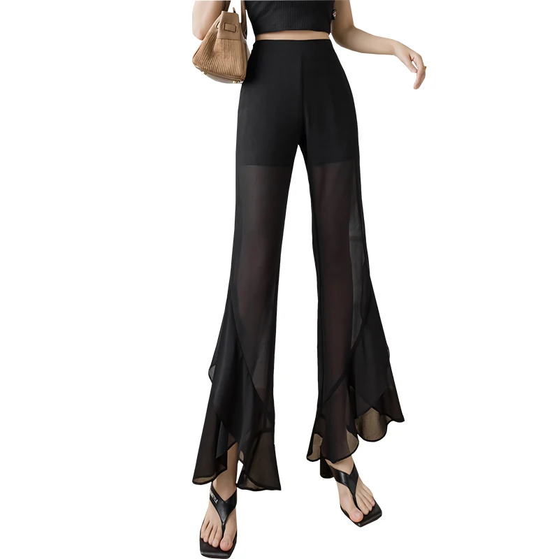 Fashion Summer Women Chiffon Split Flared Skirt Pants  Wide Leg Loose Trousers Harajuku Pants S-3XL