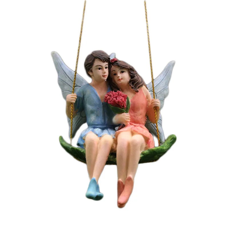 Romantic Couple Figurines Swing Flower Fairy Garden Micro Landscape Pendant  Resin Craft Creative Scene Decoration