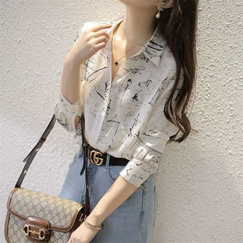 Women\'s printed chiffon Shirt Lapel long sleeves Summer thin Feminine Floral Tops loose Base shirt top trendy Female Blouse