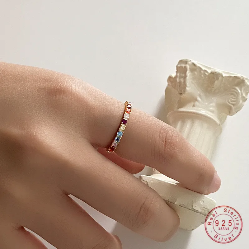 

925 Sterling Silver Simple Pavé Colored Diamond Index Finger Knuckle Ring Women Fashion Classic Party Jewelry Accessories