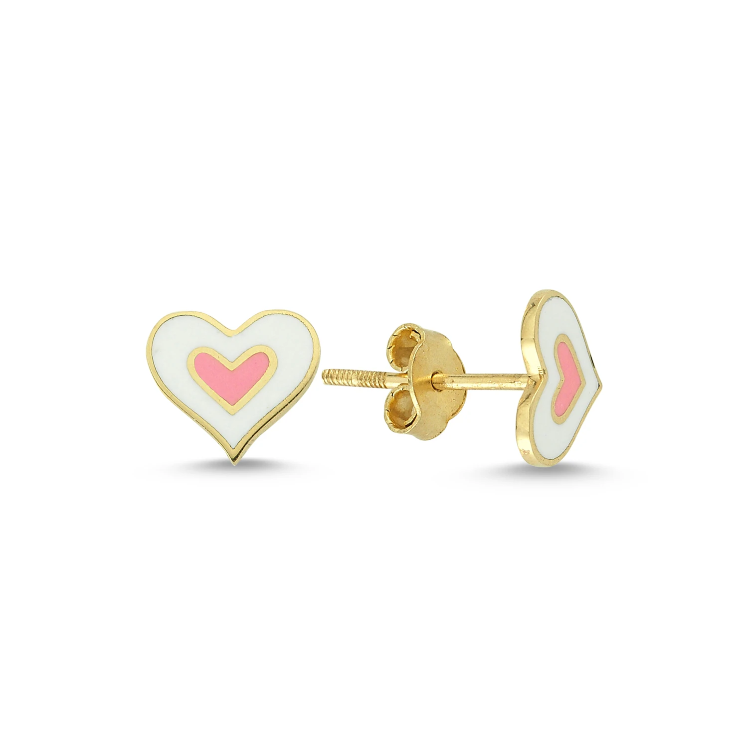 14K Real Gold Enamel Heart Children Stud Earrings