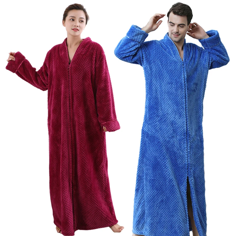 Women Plus Size Thickening Flannel Extra Long Thermal Bathrobe Lovers Zipper V-Neck Winter Warm Bath Robe Pregnant Wedding Robes