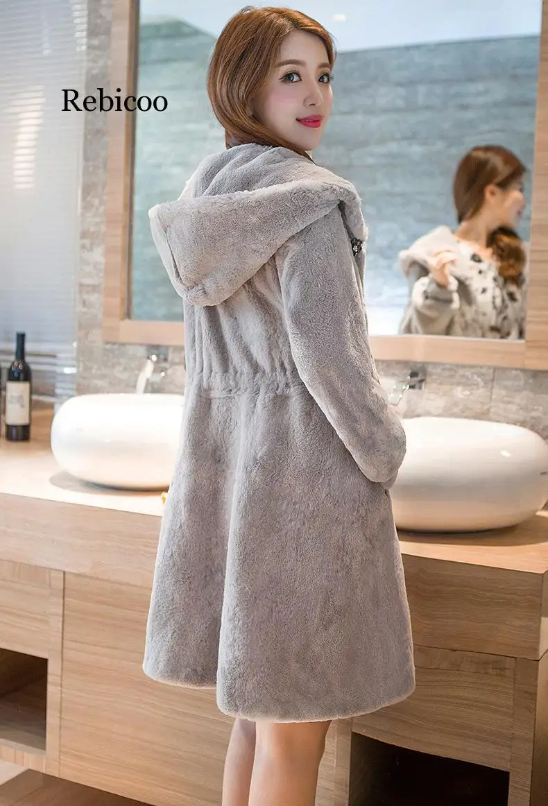 Long hooded winter fur coat  fashion Korean imitation rabbit hair Slim autumn gray coat Outwear  3XL Trench Big fur