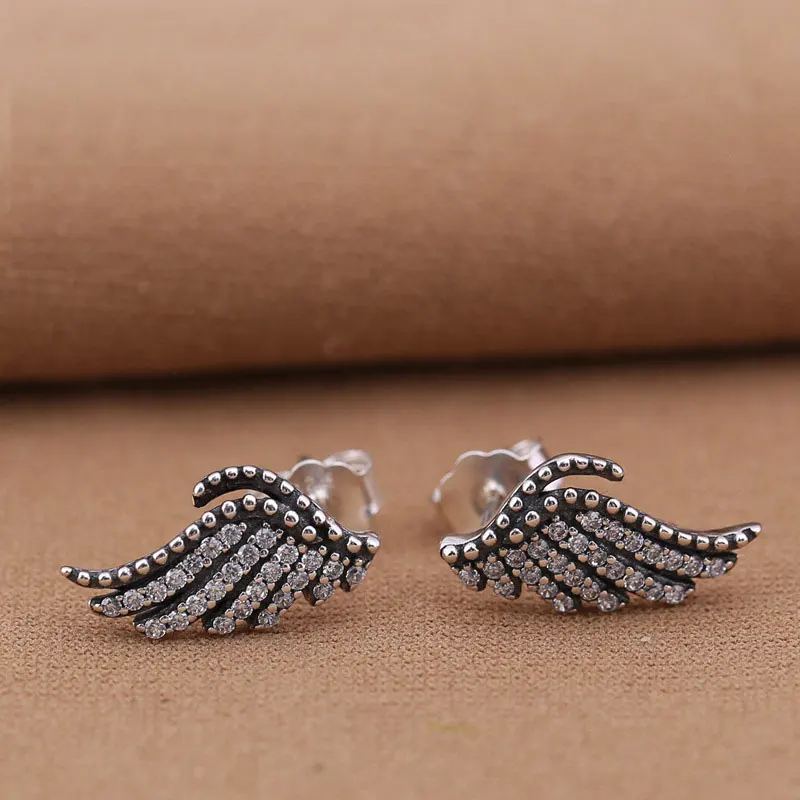 Authentic S925 Silver Earring Majestic Feathers Crystal Studs Earrings For Women Wedding Party Gift fit Lady Jewelry