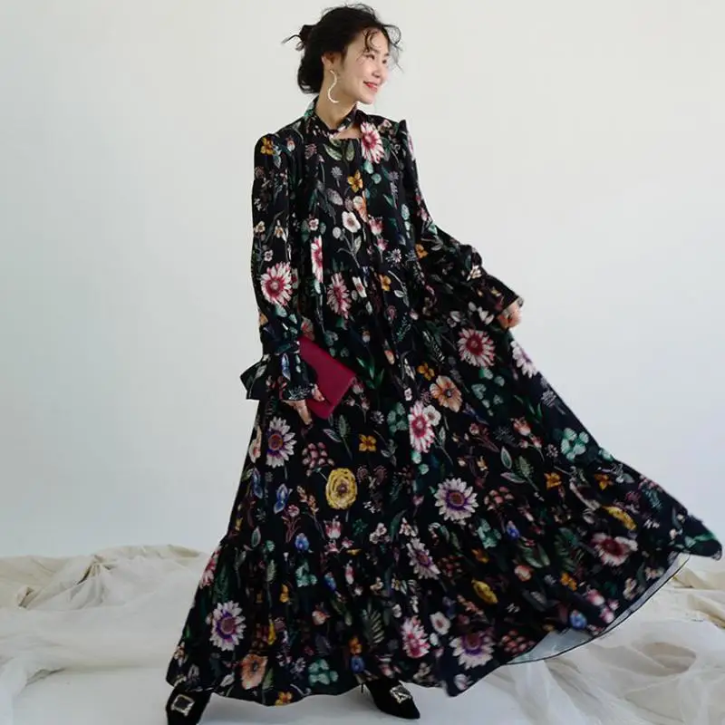 Elegant Dress Vintage Fashion Long Sleeve Closed Dress Women Flower Hit Color Neckline Tie Lotus Leaf Big Swing Dress