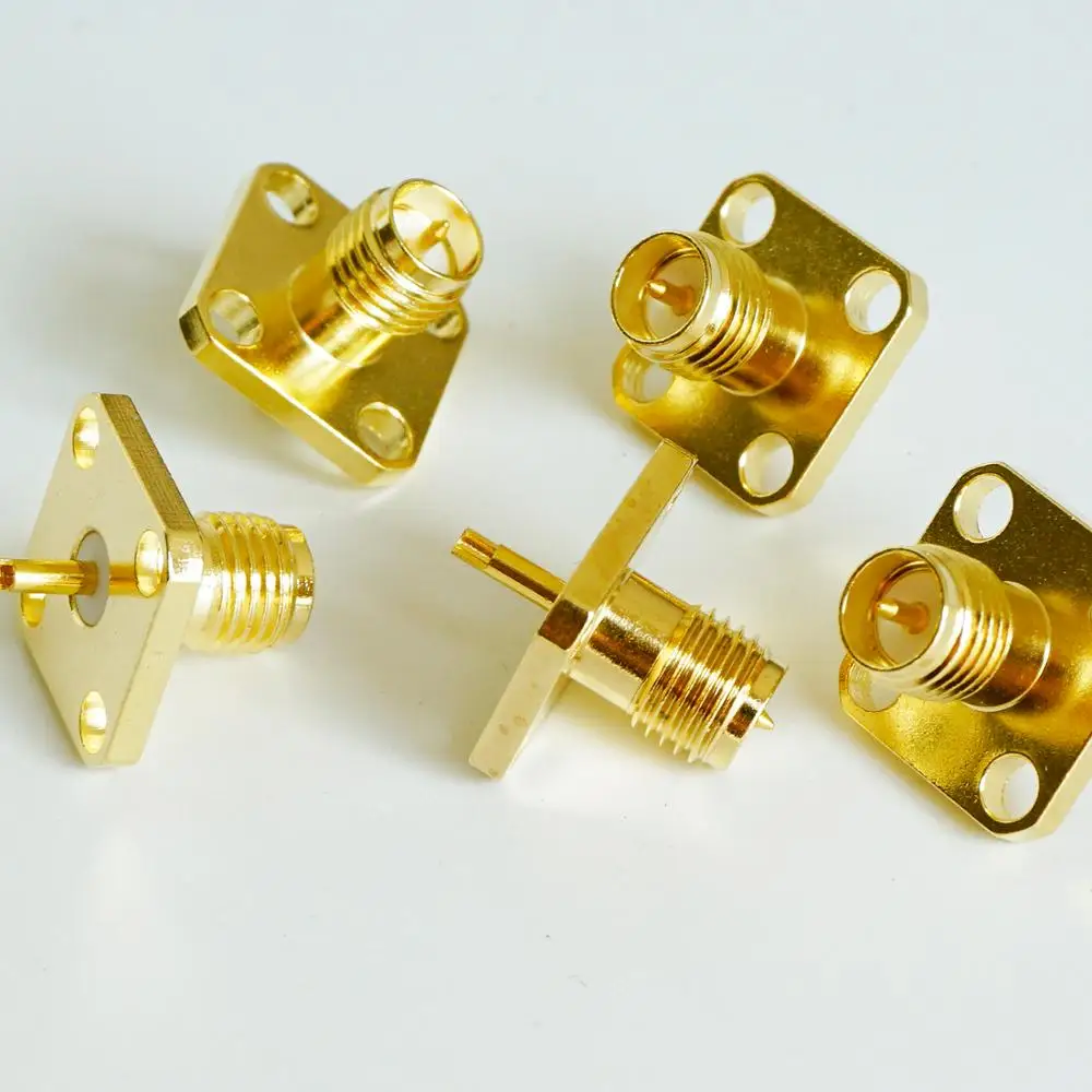 1X Pcs RP-SMA RPSMA RP SMA Female Center Solder 4 Hole Flange Chassis Panel Mount Brass Straight Coaxial RF Adapters