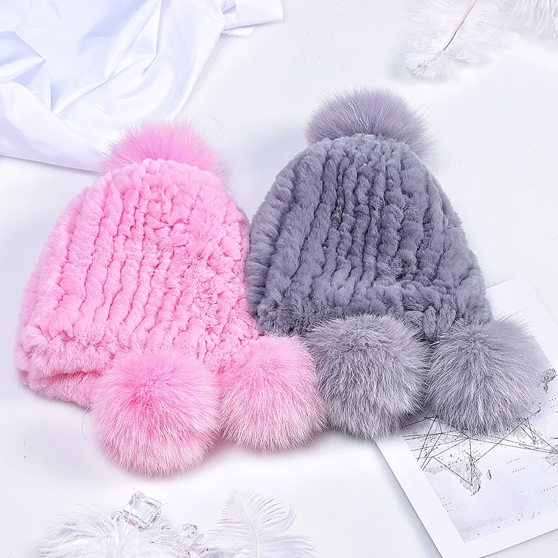 Chapeau et écharpe en fourrure de lapin véritable Rex, pour enfants, filles et garçons, bonnets tricotés chauds et pelucheux pour l'hiver et le cou