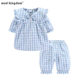 Mudkingdom Summer Pajamas for Girls Plaid PJS Cute Jammies Set Big Girl Peter Pan Collar Toddler Homewear Kids Sleepwear