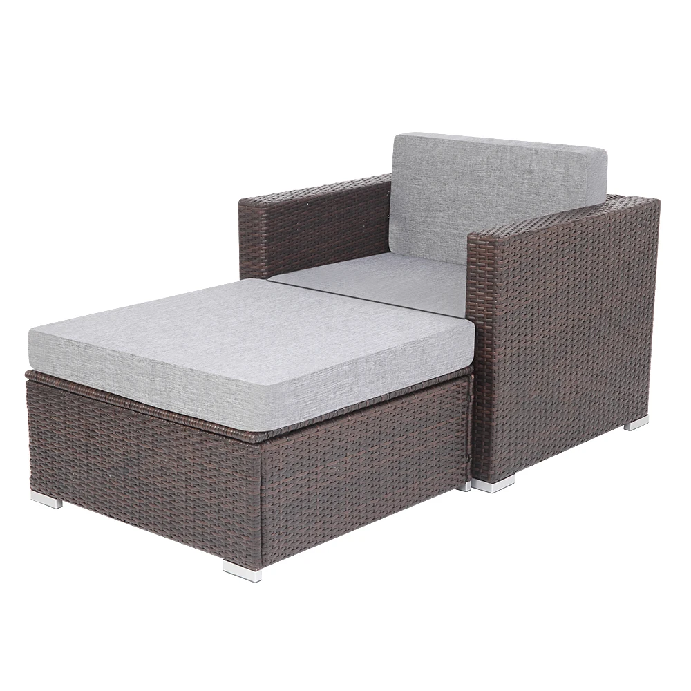 US Warehouse Patio PE Wicker Rattan Single Sofa and Ottoman Sofa for Garden and Outdoors