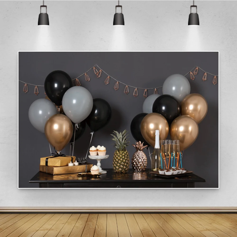 

Laeacco Fruit Cake Party Photography Backdrops Dark Gray Wall Balloons Baby Birthday Portrait Photo Backgrounds For Photo Studio