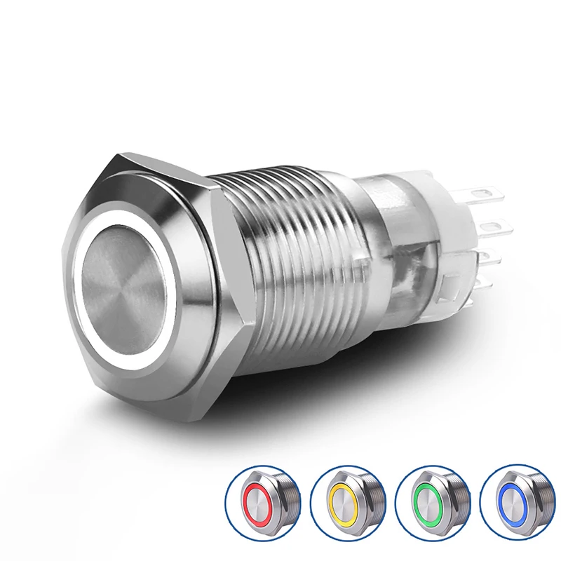 16mm 12V Silver Waterproof Stainless Steel LED Power Push Button Metal ON/OFF Switch Latching for Car Boat Motor