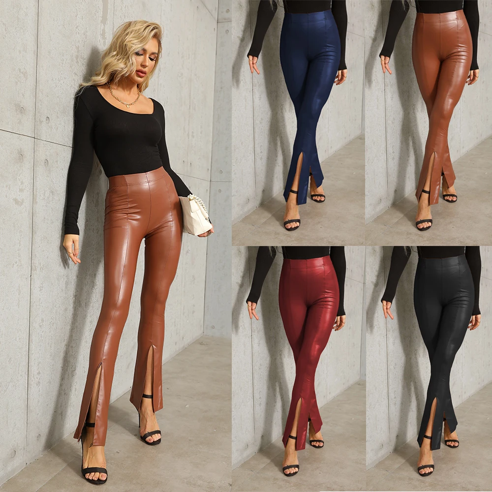 S-3XL Pants Faux PU Leather Leggings High Waist Women Pencil Pants Mid Split Skinny Bodycon Tight Trouser Fashion