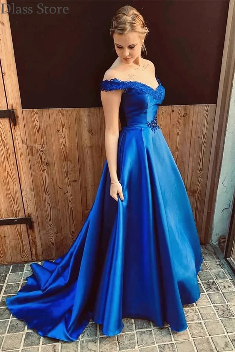 Robe de soirée en Satin bleu Royal, ligne a, dos nu, épaules dénudées, avec des appliques, col en v, robe de mariage