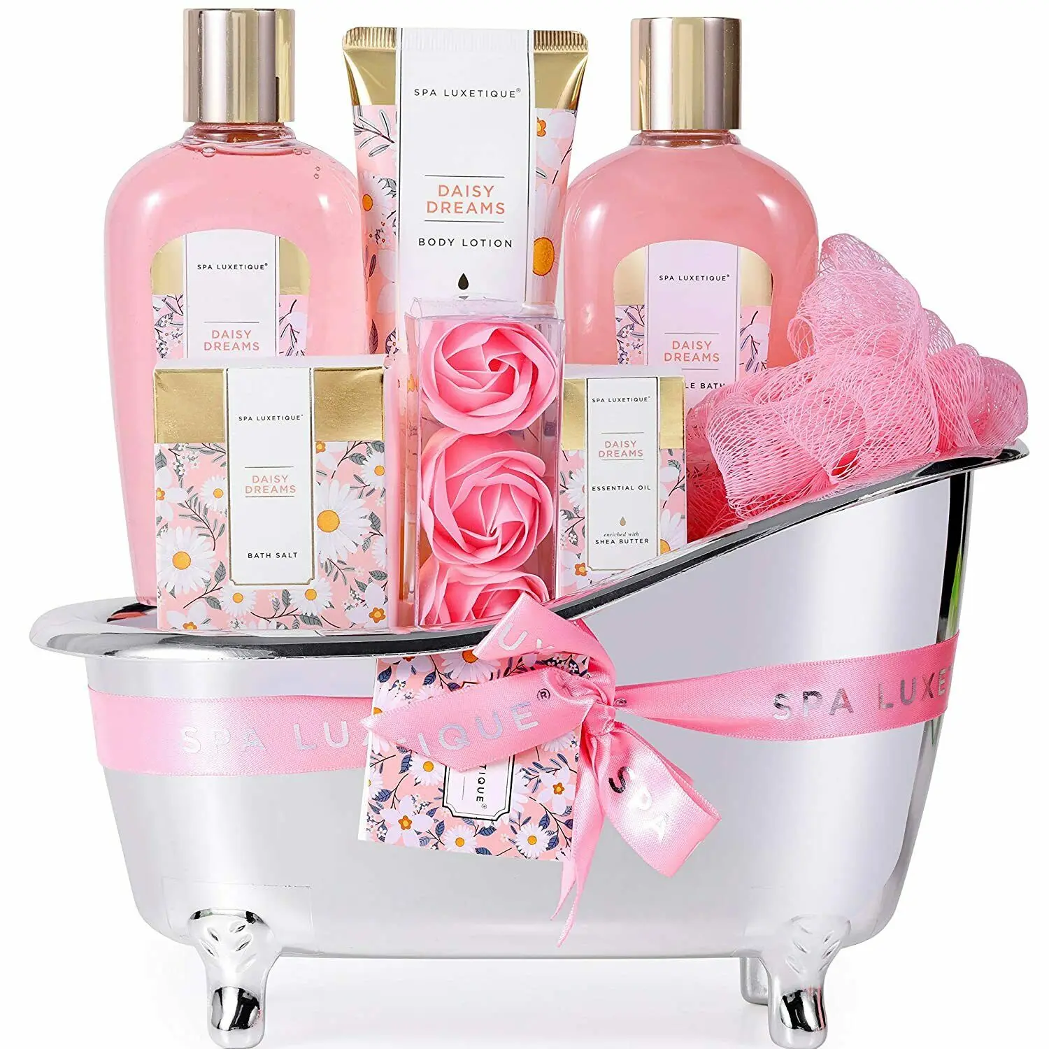 Daisy Dreams Scent Spa Gift Basket for Women, 8pcs Bath & Body Set with Essential Oil, Bath Salts