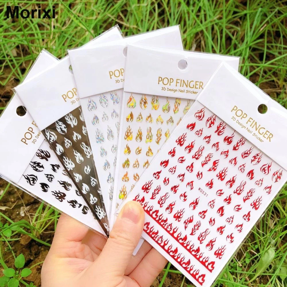 

Morixi nail art sticker laser foils white black gold silver 3D back glue strips flame butterfly diamond horse nail decals WG064