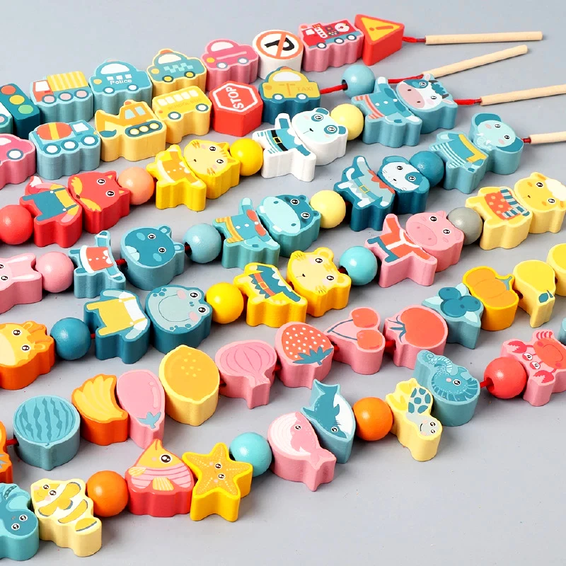 Baby Montessori Wooden Toys Cartoon Animal Fruit Geometry Block stringing beaded Toys Threading Lacing Beads Beading Game