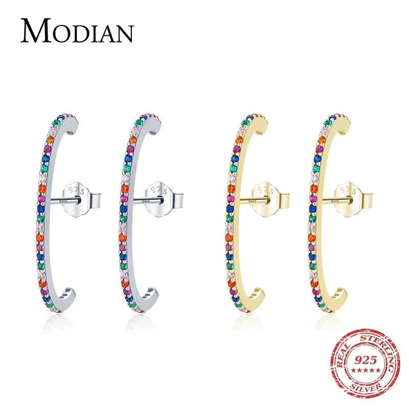 Modian 2021 nowy modny luksusowy Rainbow kolorowe kolczyki do uszu 925 Sterling srebrna iskrząca CZ stadniny kolczyki dla kobiet biżuteria dziewczęca