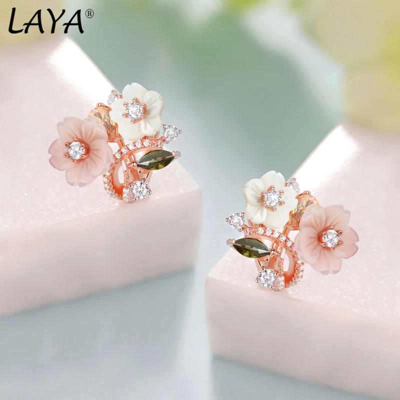 Laya Clip Earrings For Women High Quality Zircon Natural Shell Flower 925 Sterling Silver Fashion Original Jewelry 2022 Trend