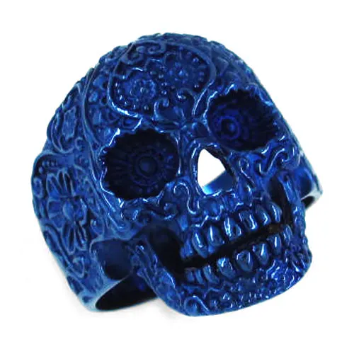 Gothic Skull Biker Ring Stainless Steel Jewelry Fashion Punk Blue Garden Flower Skull Ring For Man Wholesale SWR0228