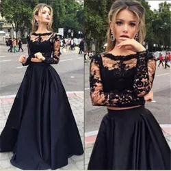 Maxi Vestidos de encaje largos de gasa para mujer, Vestidos de fiesta de noche ahuecados, manga larga, negro, elegante