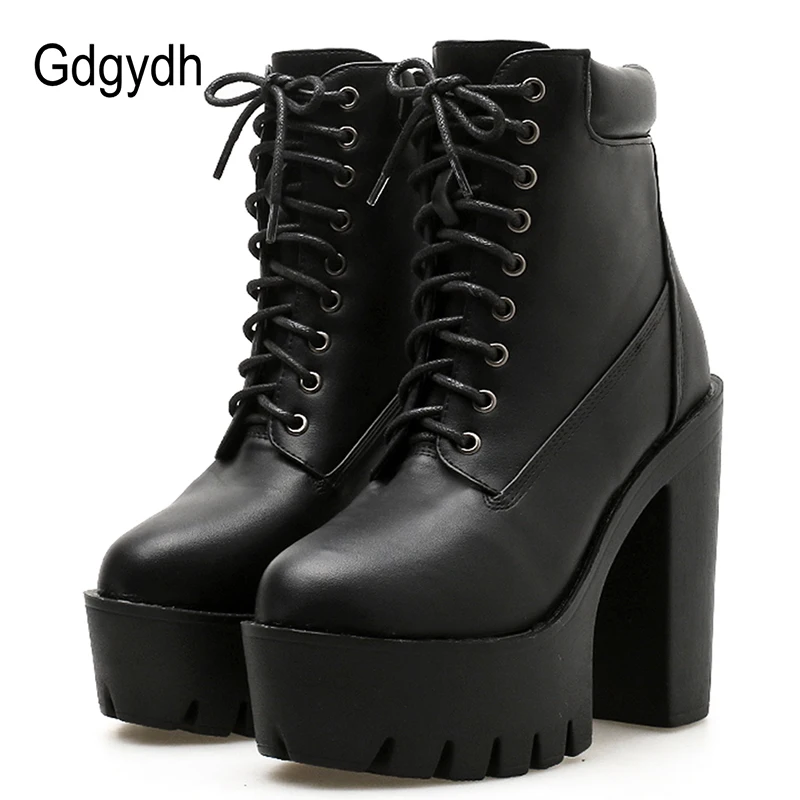 Gdgydh Women Chunky Ankle Boots Leather Round Toe Platform Knight Boots Shoes High Heels Black White Thick Heel Lace Up