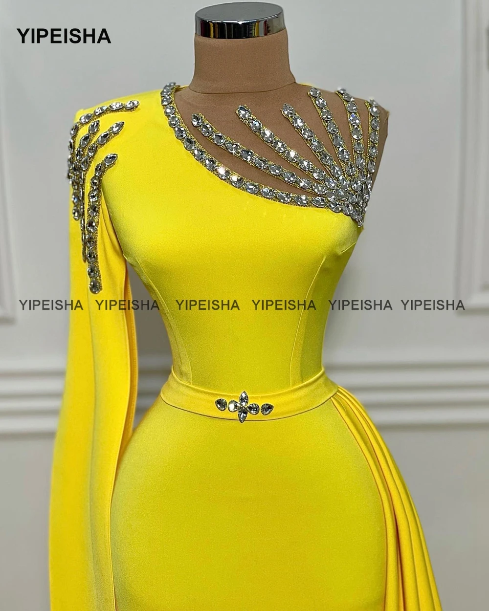 Yipeisha Asymmetric Yellow Prom Dress Luxury Crystal Jewel Mermaid Evening Party Gown Formal Pageant Dress Plus Size Robe de Bal