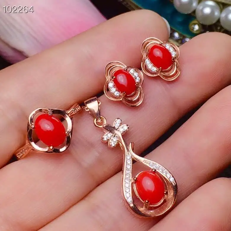 KJJEAXCMY fine jewelry natural red coral 925 sterling silver women gemstone pendant earrings ring set support test noble