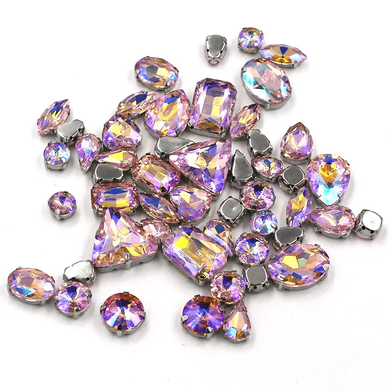 Sell at a loss!mixed shape Pink AB sew on glass claw rhinestones with silver base diy clothing accessories