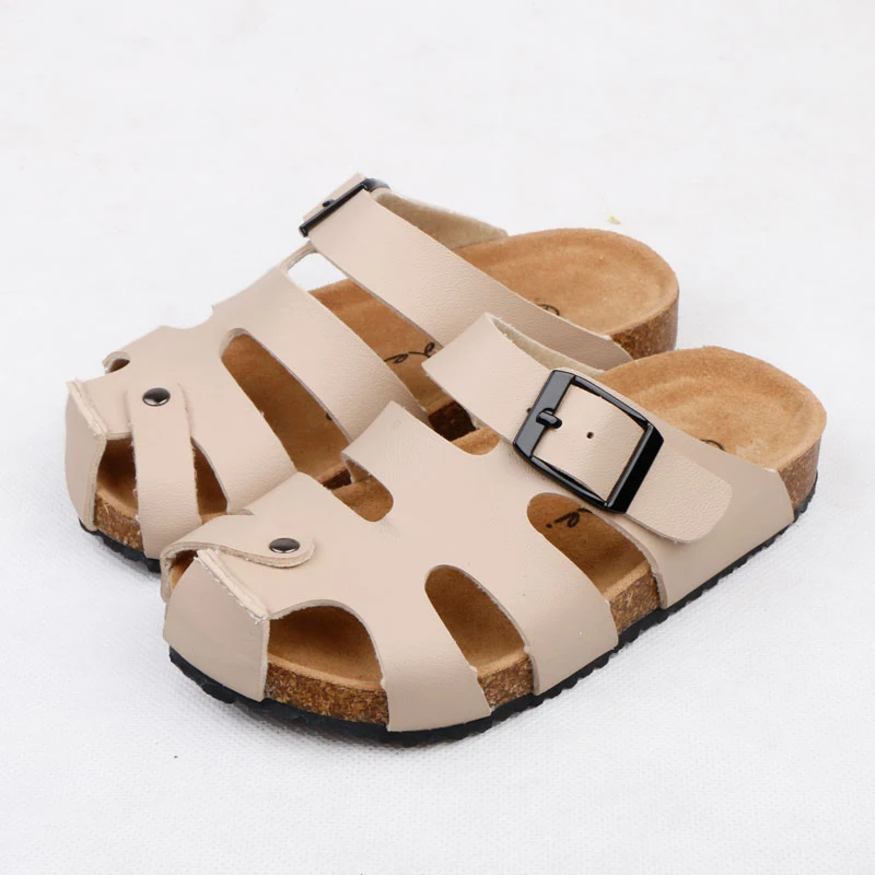 Sandálias infantis para meninos e meninas, chinelos de cortiça, salto plano pu casual com buracos, moda para crianças, verão