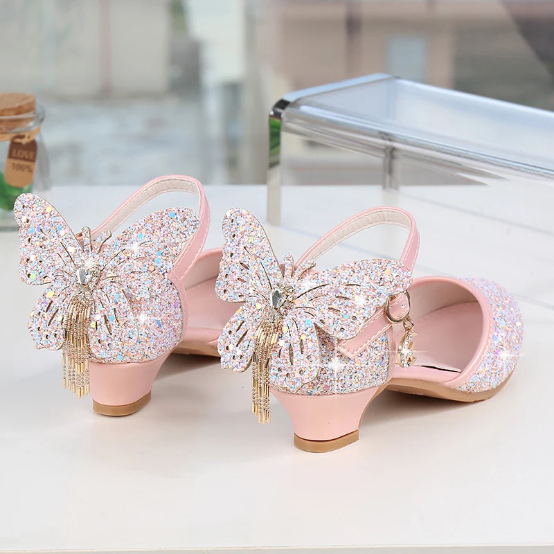 Chaussures en cuir à paillettes pour filles, chaussures de soirée à talons hauts, avec nœud papillon, rose argenté