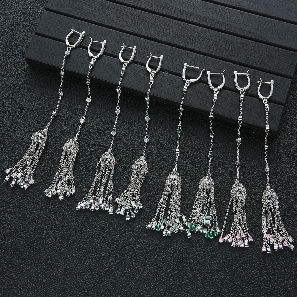 120MM Super Long Round Tassel Drops Geometry Cubic Zirconia American Wedding Party Earring Fashion Jewelry for Women E7496A