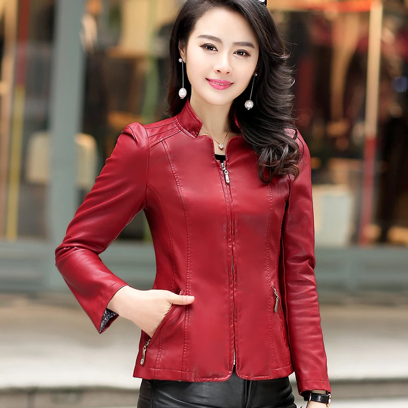 Jackets Faux Sheepskin Women Leather Jacket Autumn Spring Short Slim Stand Collar Jaqueta Couro 2023 Plus Size 6XL HJ404