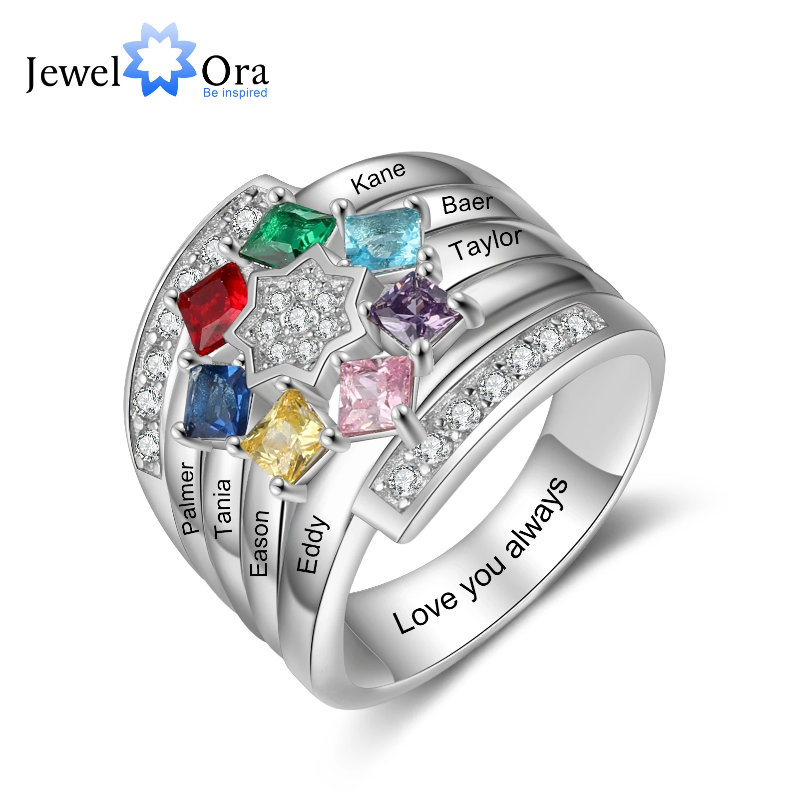 

JewelOra Personalized Mothers Ring with 7 Square Birthstones Zirconia Star Customized Engraving Family Name Rings for Women Gift