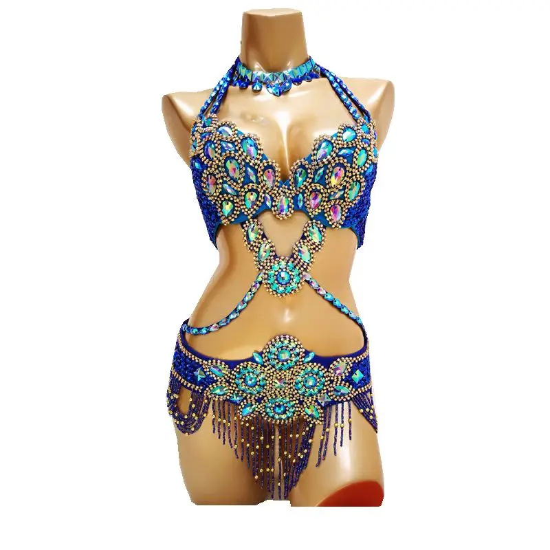 

New Shining Women's Beaded Crystal Belly Dance Costume Set Bar+Belt+Necklace 3pcs Set Sexy Bellydancing Dress Dance Outfit